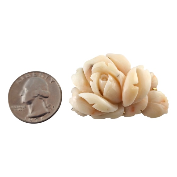 14 Karat Yellow Gold Carved Pink Coral Rose Brooch Pendant #19040 - Picture 8 of 11